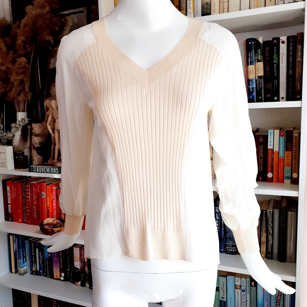 St. John  cream tag silk wool sheer blouse top P5221